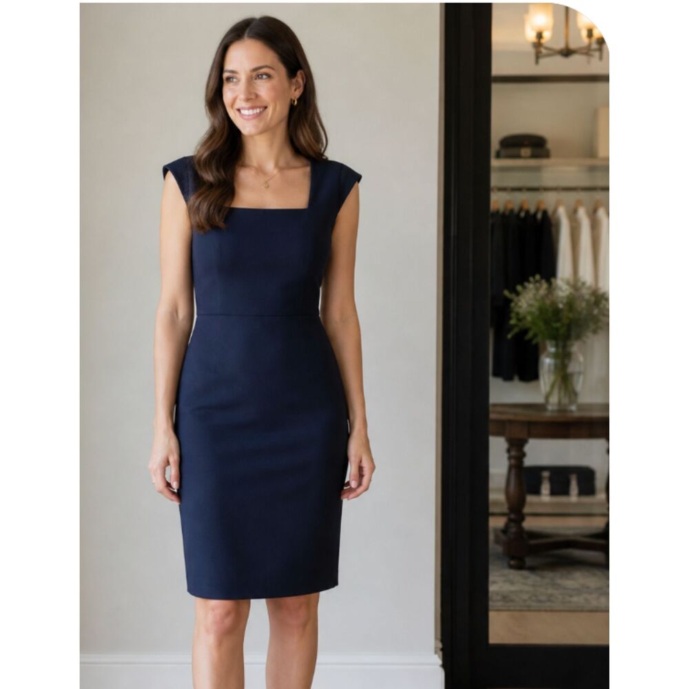 Ann Taylor Navy Blue Square-Neck Midi Sheath Dress